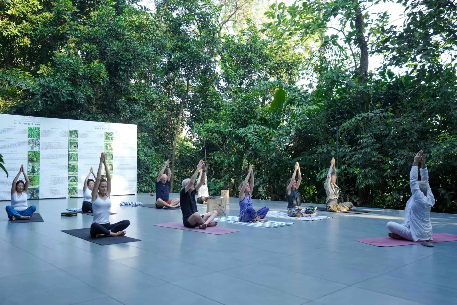 Open lounge with a skylight, swing seats and potted plants at a riverside Ayurveda retreat in Kerala