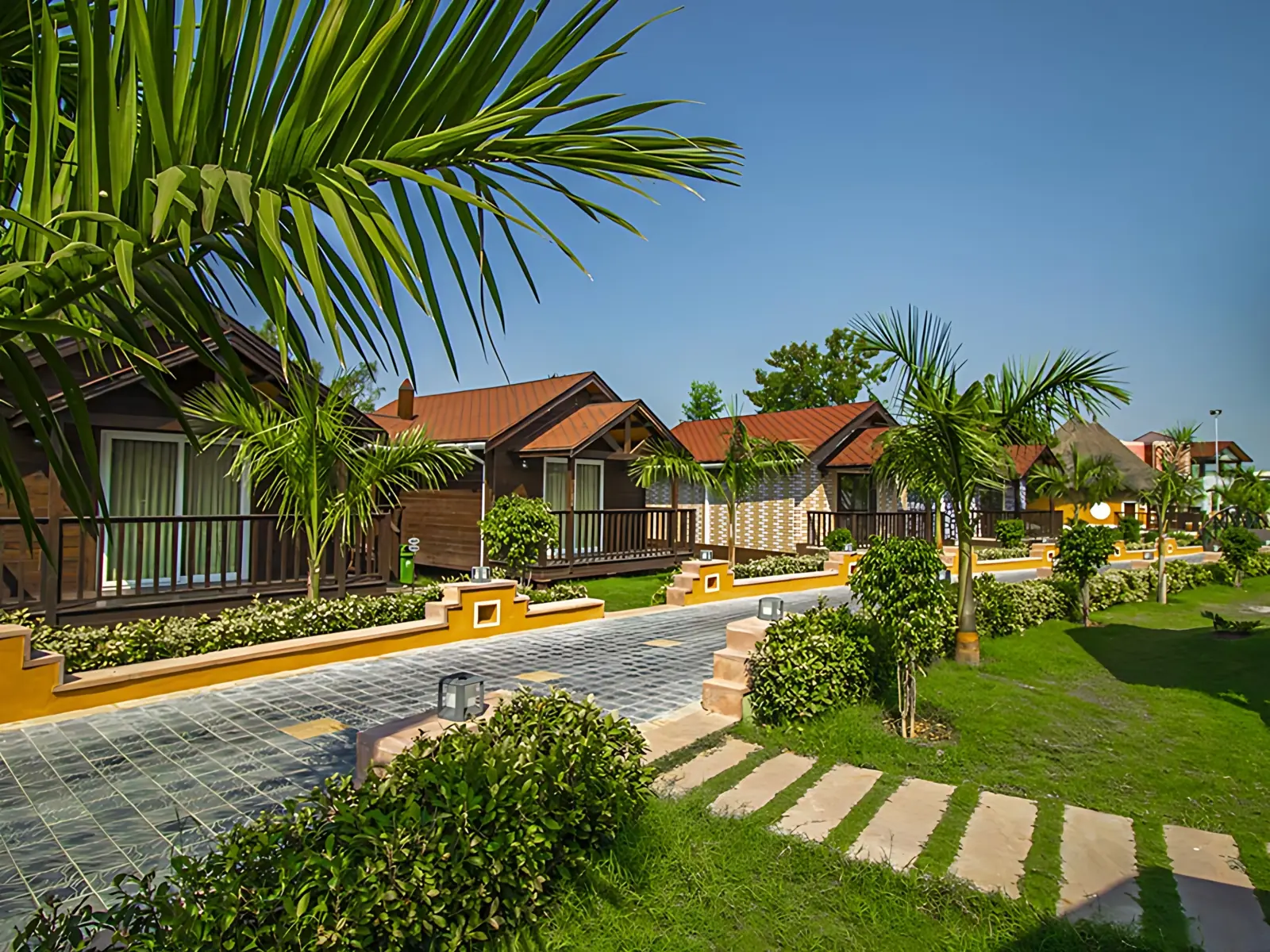 Aerial view of white cottages with red roofs and a pool among palms at an Ayurveda resort in Abu Road